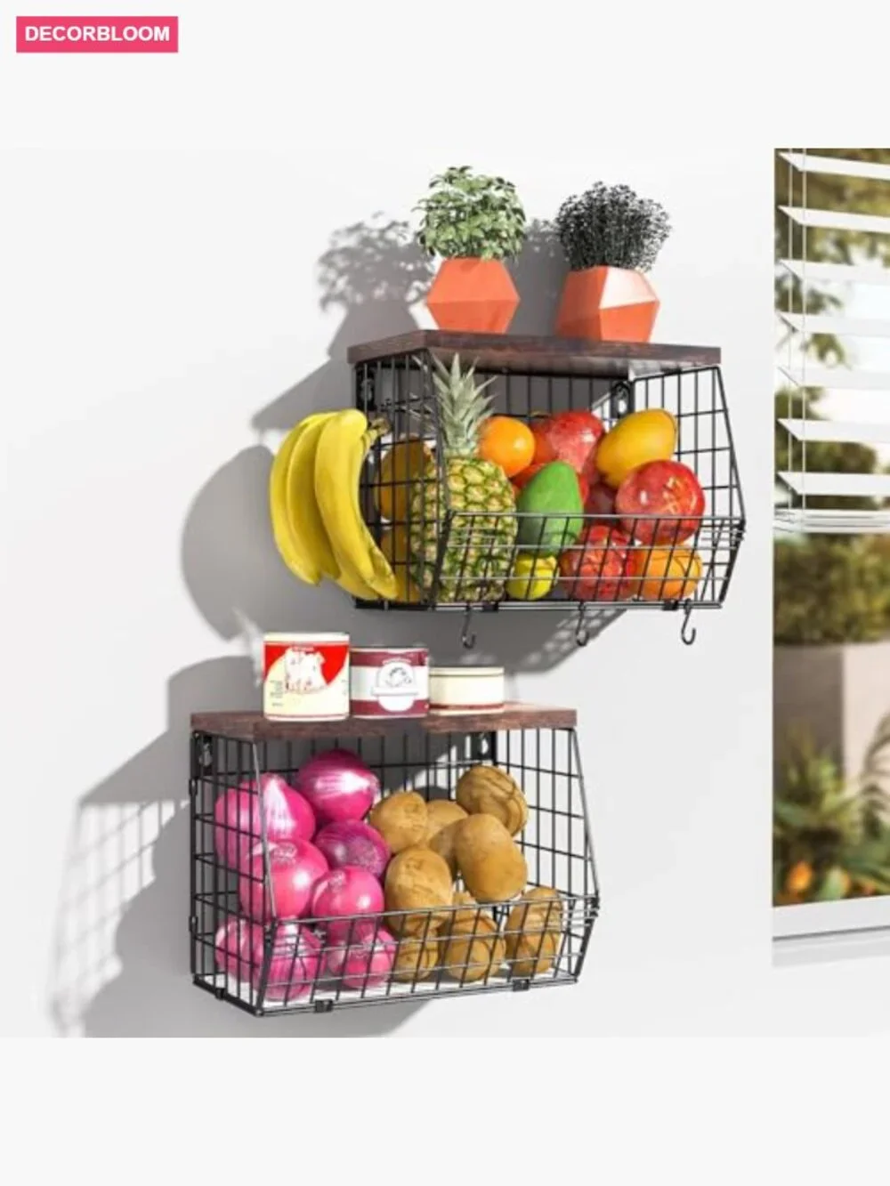 2 Tier Stackable Fruit Basket with Banana Hooks, Wall Mountable